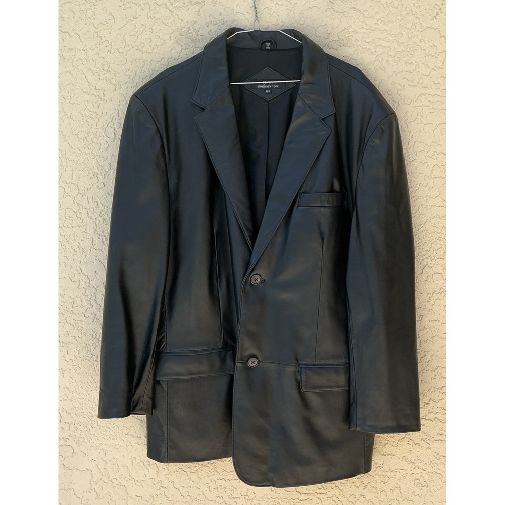 Men's Jones New York Genuine Leather Car Coat 46 R Black 2 Button Closure